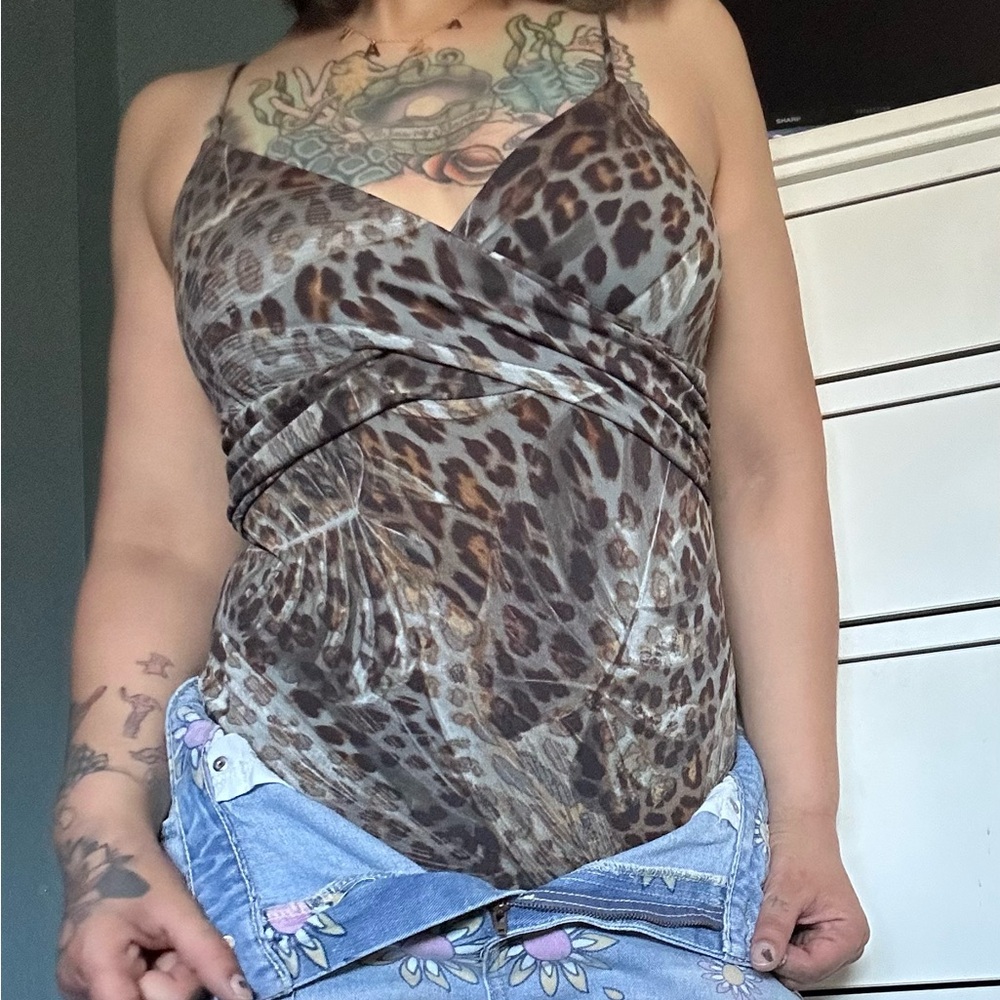 Guess leopard print bodysuit, cross top